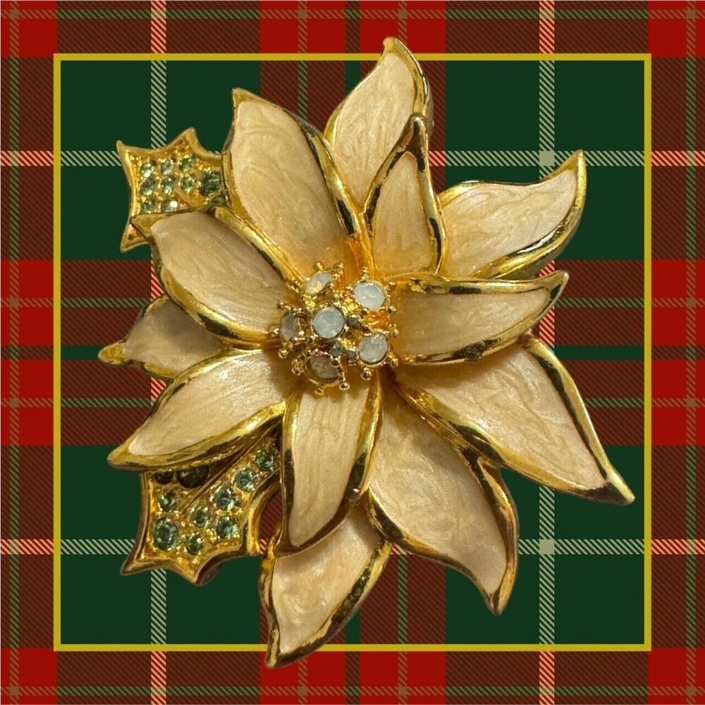 Nolan Miller Poinsettia Christmas Brooch Pin Enamel Rhinestones Fashion Jewelry - Picture 2 of 9